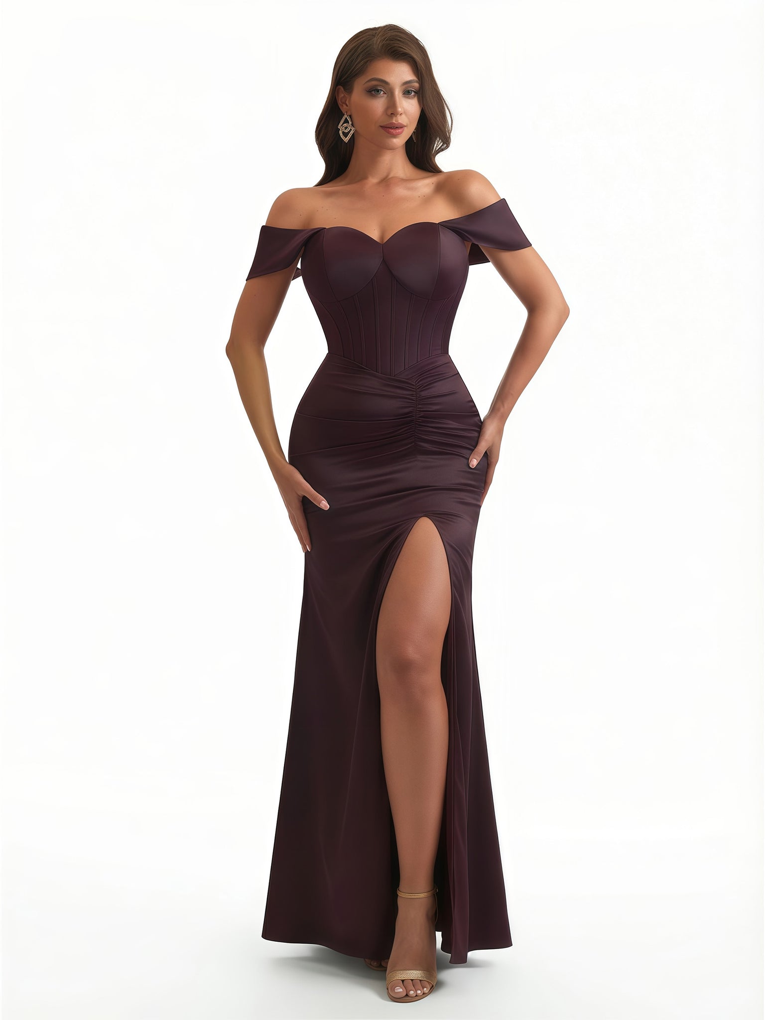 Elegant Off The Shoulder Mermaid Boning Soft Satin Floor Length Formal Dresses With Slit