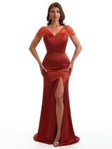 Sexy Cap Sleeves V-Neck Side Slit Mermaid Beauty Satin Long Bridesmaid Dresses Online