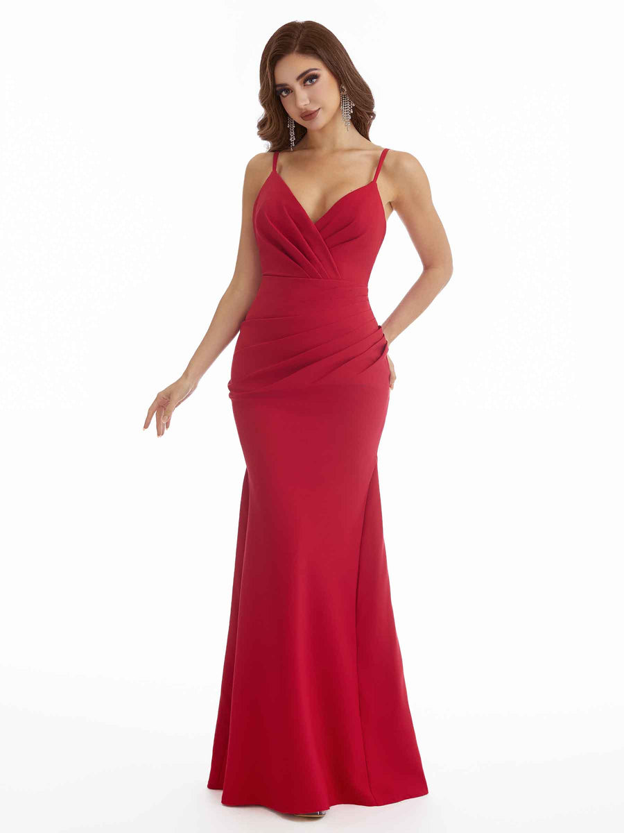 Sexy Spaghetti Straps Mermaid Split Stretchy Crepe Long Bridesmaid Dresses