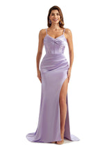 Sexy Side Split Mermaid Long Lace Satin Bridesmaid Dresses Online Spaghetti Straps