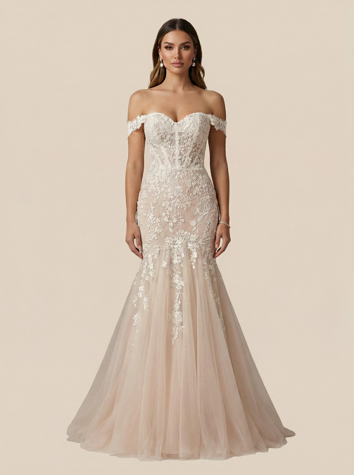 Mermaid Off Shoulder V-neck Maxi Long Lace Wedding Dresses Online