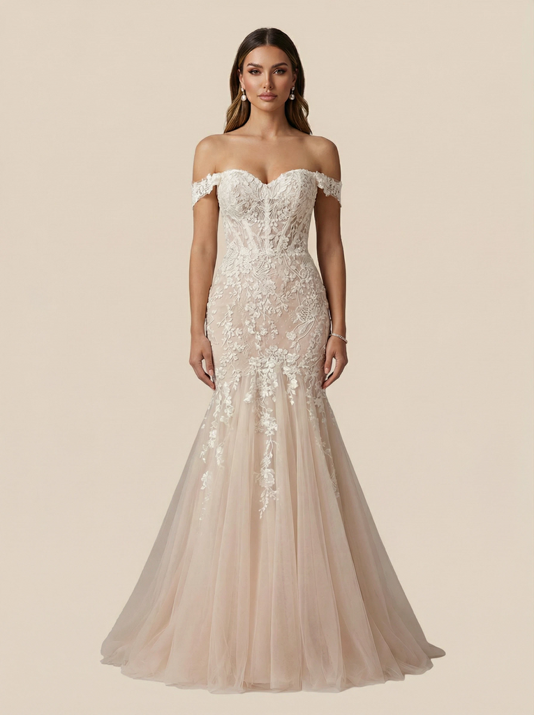 Mermaid Off Shoulder V-neck Maxi Long Lace Wedding Dresses Online