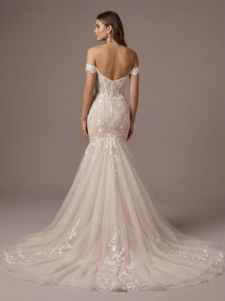 Mermaid Off Shoulder V-neck Maxi Long Lace Wedding Dresses Online