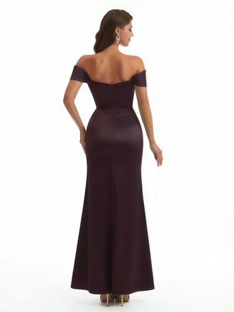 Elegant Off The Shoulder Mermaid Boning Soft Satin Floor Length Formal Dresses With Slit