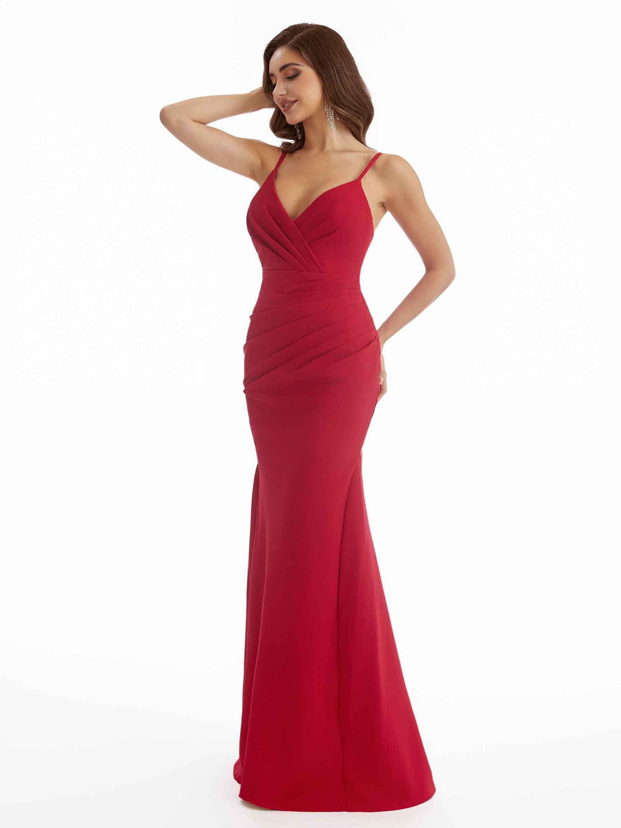 Sexy Spaghetti Straps Mermaid Split Stretchy Crepe Long Bridesmaid Dresses