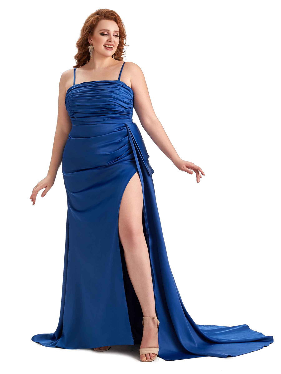 Plus Size Sexy Side Slit Spaghetti Straps Mermaid Soft Satin Long Bridesmaid Dresses Online