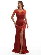 Sexy Cap Sleeves V-Neck Side Slit Mermaid Beauty Satin Long Bridesmaid Dresses Online