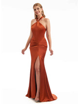 Silky Halter Mermaid Satin Simple Gown For Wedding Guest Sexy Side Split