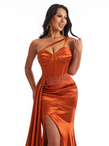 Sexy One Shoulder Side Slit Boning Mermaid Soft Satin Long Bridesmaid Dresses Online