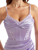 Sexy Side Split Mermaid Long Lace Satin Bridesmaid Dresses Online Spaghetti Straps