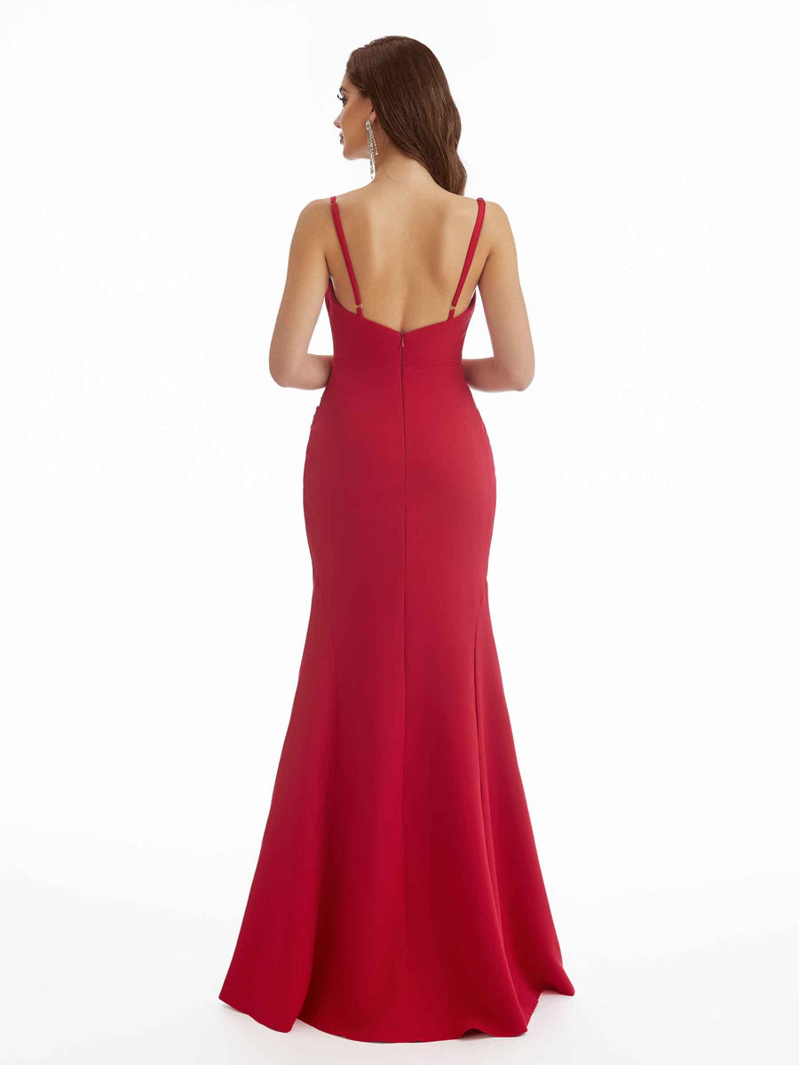 Sexy Spaghetti Straps Mermaid Split Stretchy Crepe Long Bridesmaid Dresses