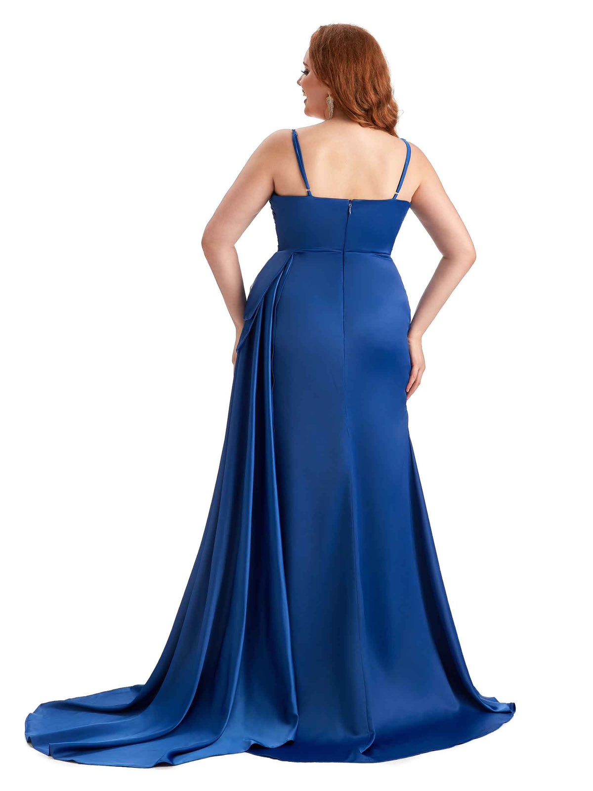 Plus Size Sexy Side Slit Spaghetti Straps Mermaid Soft Satin Long Bridesmaid Dresses Online
