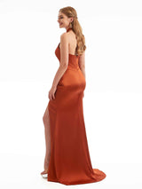 Silky Halter Mermaid Satin Simple Gown For Wedding Guest Sexy Side Split