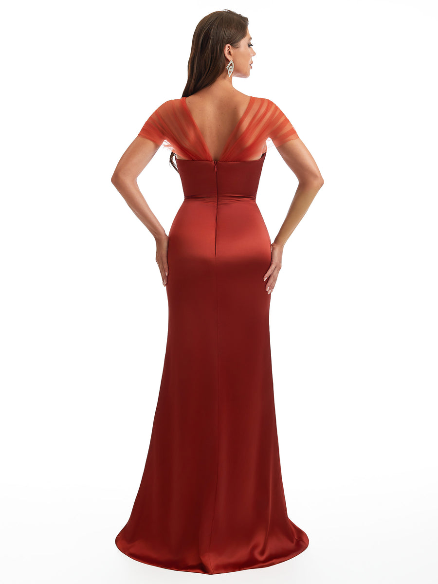 Sexy Cap Sleeves V-Neck Side Slit Mermaid Beauty Satin Long Bridesmaid Dresses Online
