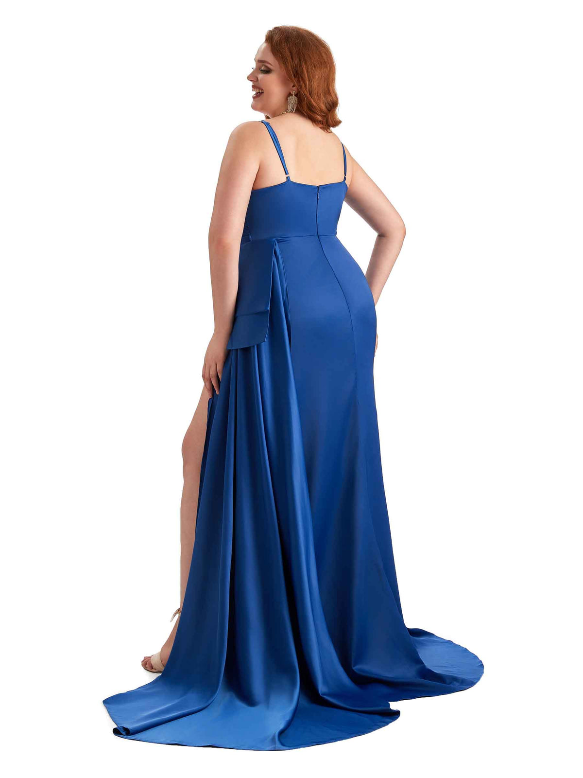 Plus Size Sexy Side Slit Spaghetti Straps Mermaid Soft Satin Long Bridesmaid Dresses Online