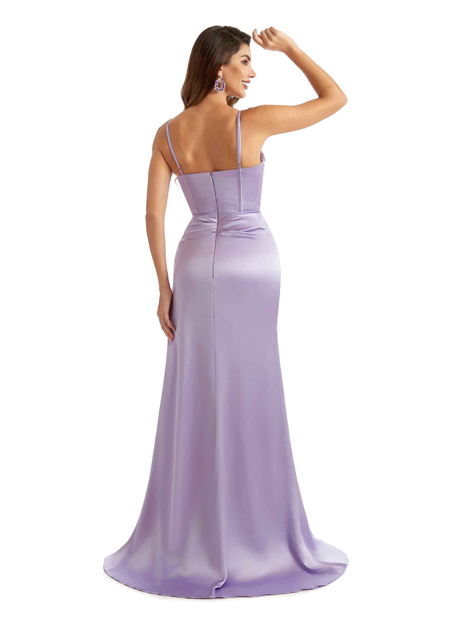 Sexy Side Split Mermaid Long Lace Satin Bridesmaid Dresses Online Spaghetti Straps