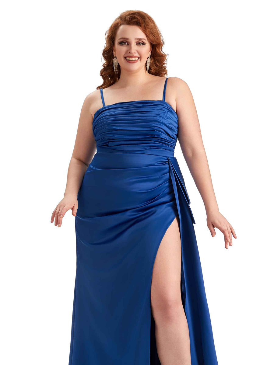 Plus Size Sexy Side Slit Spaghetti Straps Mermaid Soft Satin Long Bridesmaid Dresses Online
