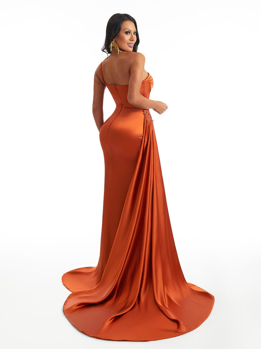 Sexy One Shoulder Side Slit Boning Mermaid Soft Satin Long Bridesmaid Dresses Online