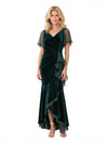 Elegant V-neck Ruffle Bell Sleeves Velvet Mermaid Ankle-Length Mother Of The Bride Dresses