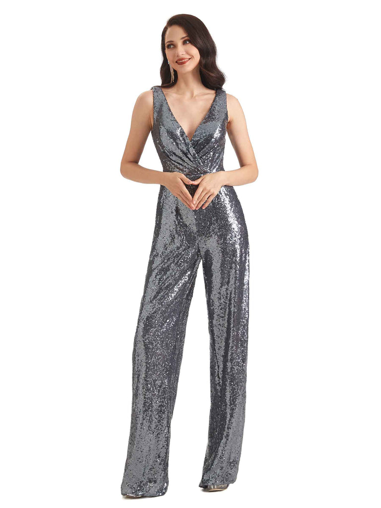 Gorgeous Sequin Sleeveless V-Neck Long Party Jumpsuit - ChicSew