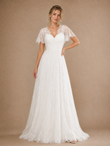 ChicSew Elegant V-NecK Short Sleeves Lace A-Line Floor-Length Wedding Dress