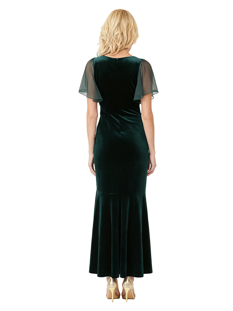 Elegant V-neck Ruffle Bell Sleeves Velvet Mermaid Ankle-Length Mother Of The Bride Dresses