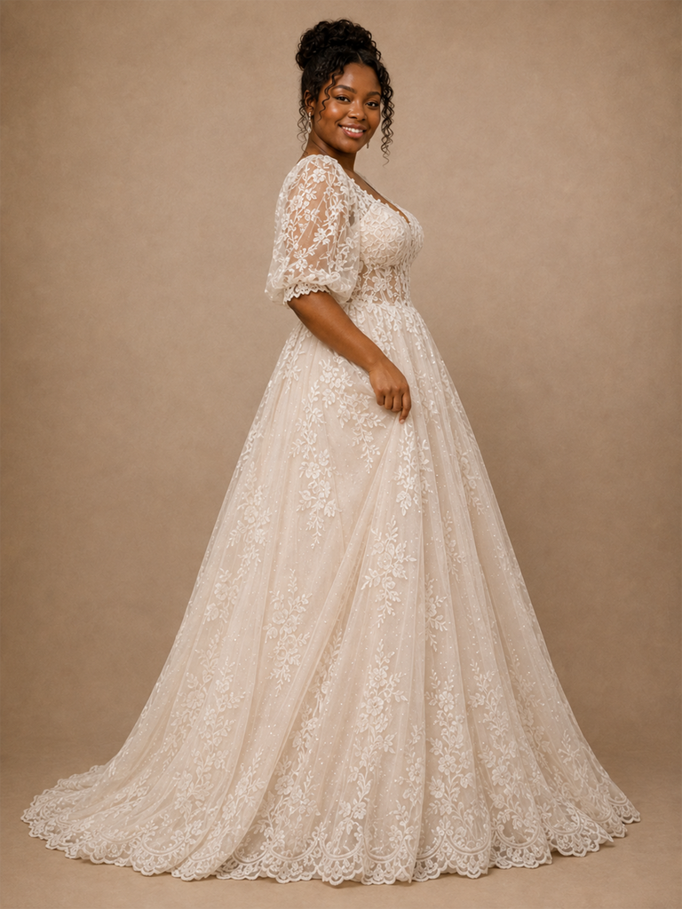 ChicSew Classy Elegant Half Sleeves V-Neck A-Line Lace Tulle Maxi Long Wedding Dress