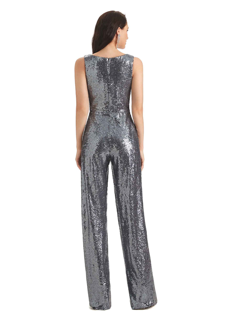 Gorgeous Sequin Sleeveless V-Neck Long Party Jumpsuit - ChicSew
