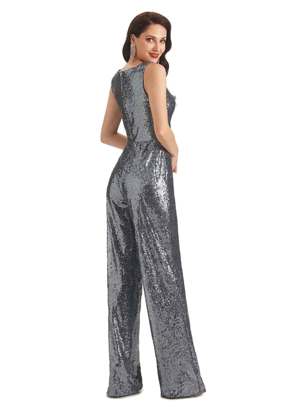 Gorgeous Sequin Sleeveless V-Neck Long Party Jumpsuit - ChicSew
