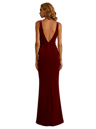 Sexy V-Neck Velvet Mermaid Side Slit Long Winter Evening Dresses for Women