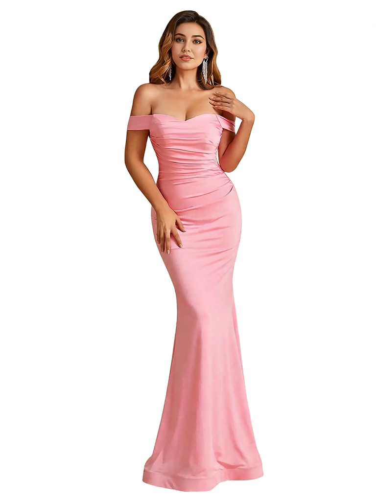Trendy Off The Shoulder Ruched Jersey Mermaid Floor Length Evening Formal Dresses