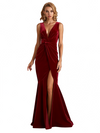 Sexy V-Neck Velvet Mermaid Side Slit Long Winter Evening Dresses for Women