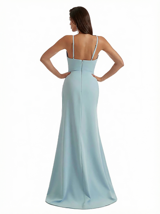 Elegant Spaghetti Straps Stretchy Crepe Mermaid Maxi Evening Gowns For Women