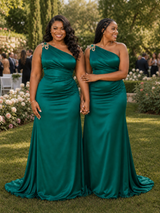 ChicSew Elegant One Shoulder Mermaid Ruched Soft Satin Long Bridesmaid Dresses
