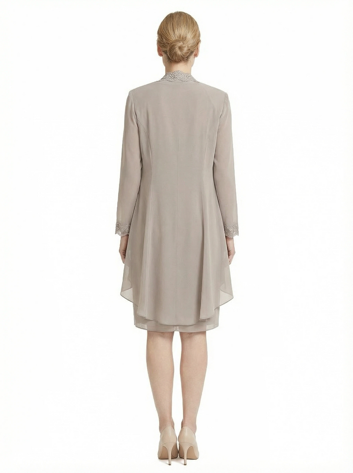 Classy Ruched Tea-Length Mother Of The Groom Dress With Lace Chiffon Jacket
