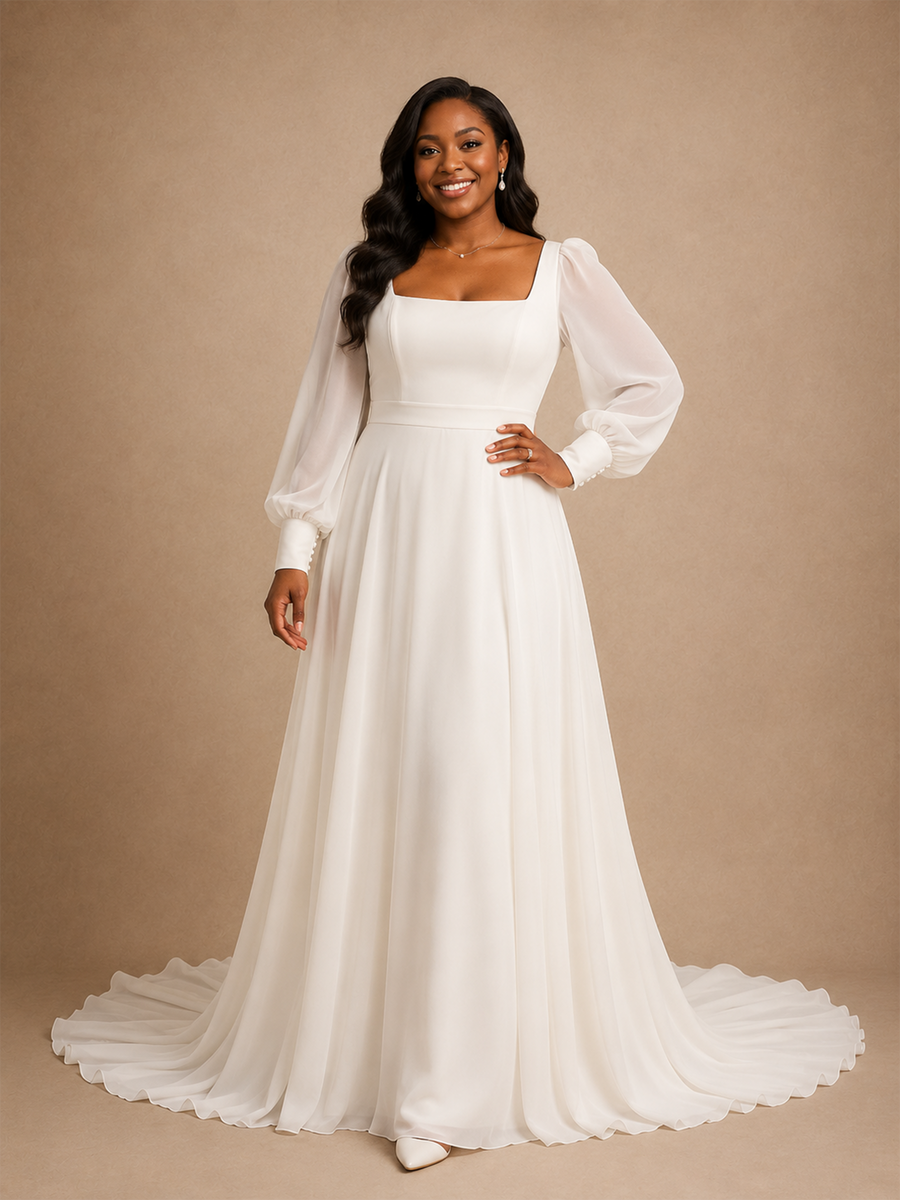 ChicSew Elegant Simple Square Neck Long Sleeves Chiffon A-Line Wedding Dress