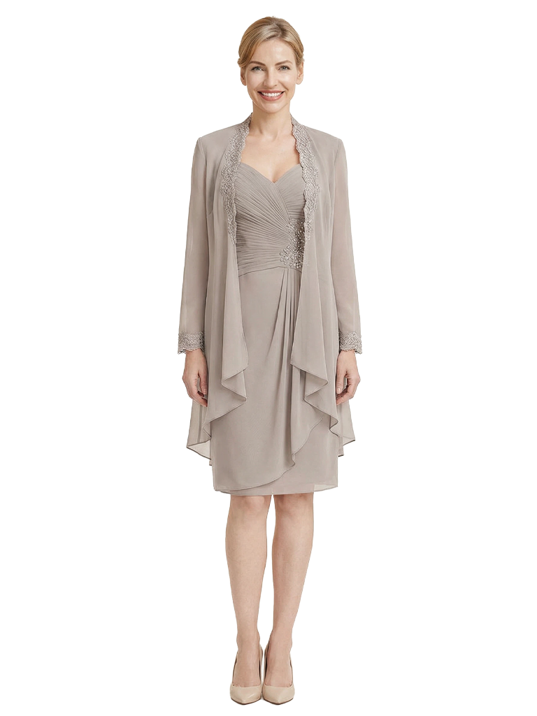 Classy Ruched Tea-Length Mother Of The Groom Dress With Lace Chiffon Jacket
