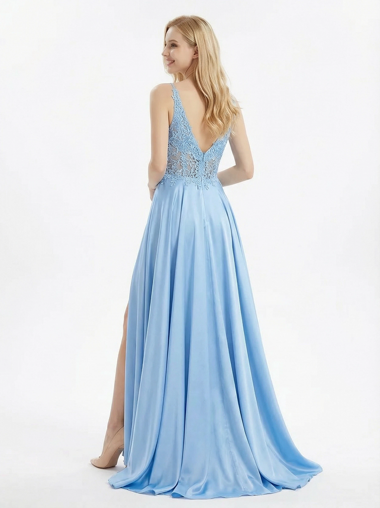 Elegant V-Neck Lace Bodice Satin A-Line Gown Sexy High Slit Formal Evening Dress