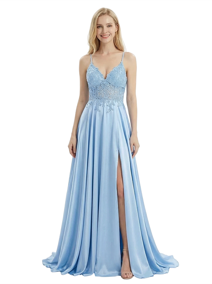 Elegant Lace Bodice Satin A-Line Cut out Corset Gown Sexy High Slit Formal Evening Dress