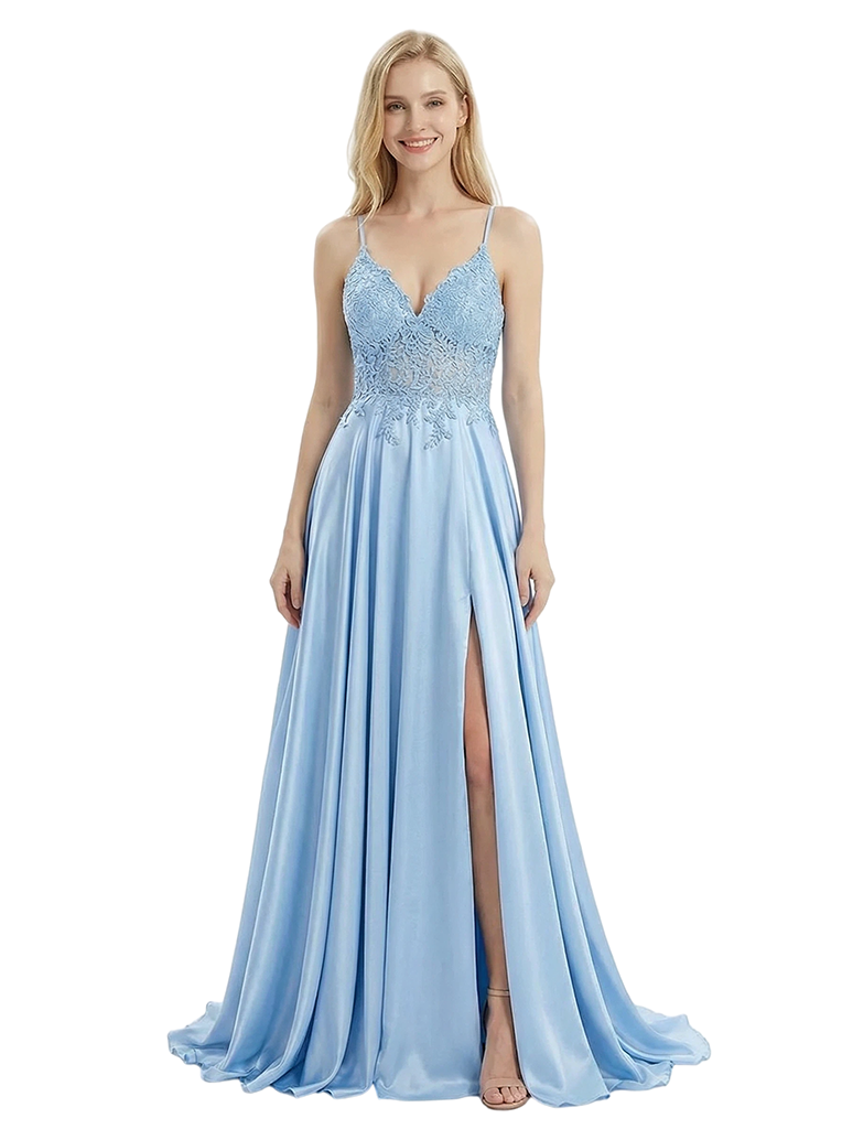 Elegant Lace Bodice Satin A-Line Cut out Corset Gown Sexy High Slit Formal Evening Dress