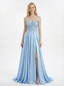 Elegant V-Neck Lace Bodice Satin A-Line Gown Sexy High Slit Formal Evening Dress