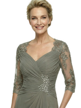 Unique V-Neck Chiffon Ruched Lace Half Sleeves Sheath Knee-Length Mother Of The Bride Dress