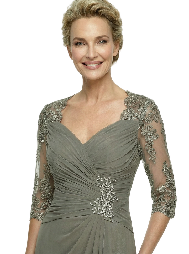 Unique V-Neck Chiffon Ruched Lace Half Sleeves Sheath Knee-Length Mother Of The Bride Dress