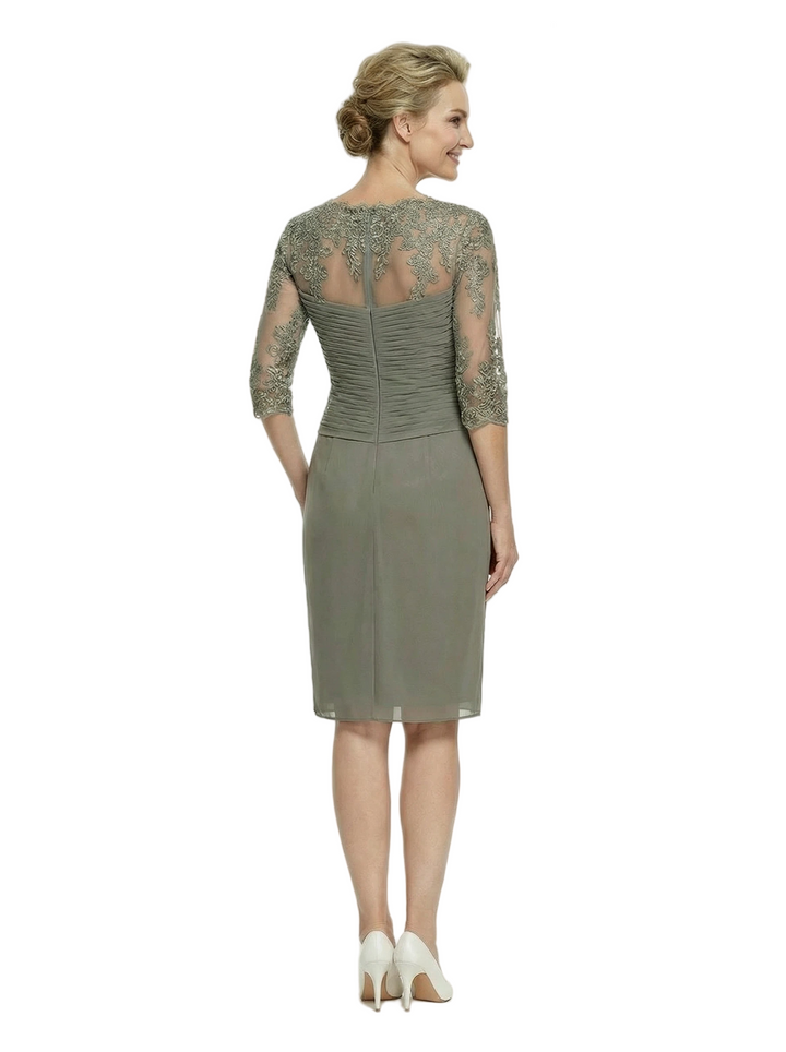 Unique V-Neck Chiffon Ruched Lace Half Sleeves Sheath Knee-Length Mother Of The Bride Dress