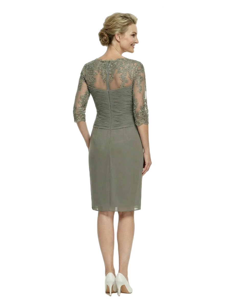 Unique V-Neck Chiffon Ruched Lace Half Sleeves Sheath Knee-Length Mother Of The Bride Dress