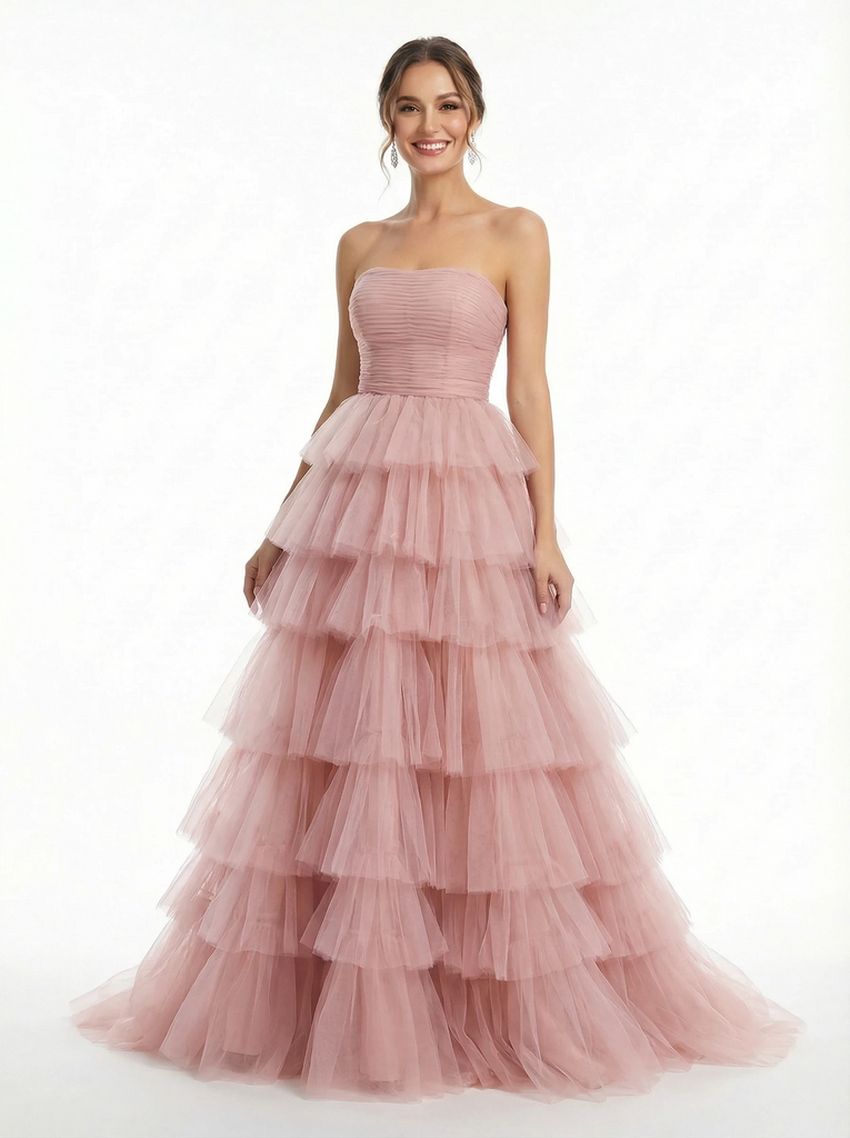 Stunning Strapless Pleated Tulle Tiered Ball Gown Classy Floor-Length Party Dress