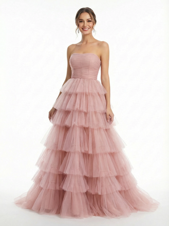Stunning Strapless Pleated Tulle Tiered Ball Gown Classy Floor-Length Party Dress