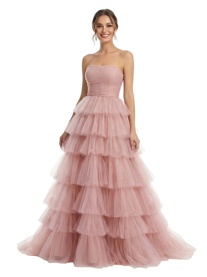 ChicSew Strapless Tiered Ruffle Tulle A-Line Maxi Long Evening Prom Dresses