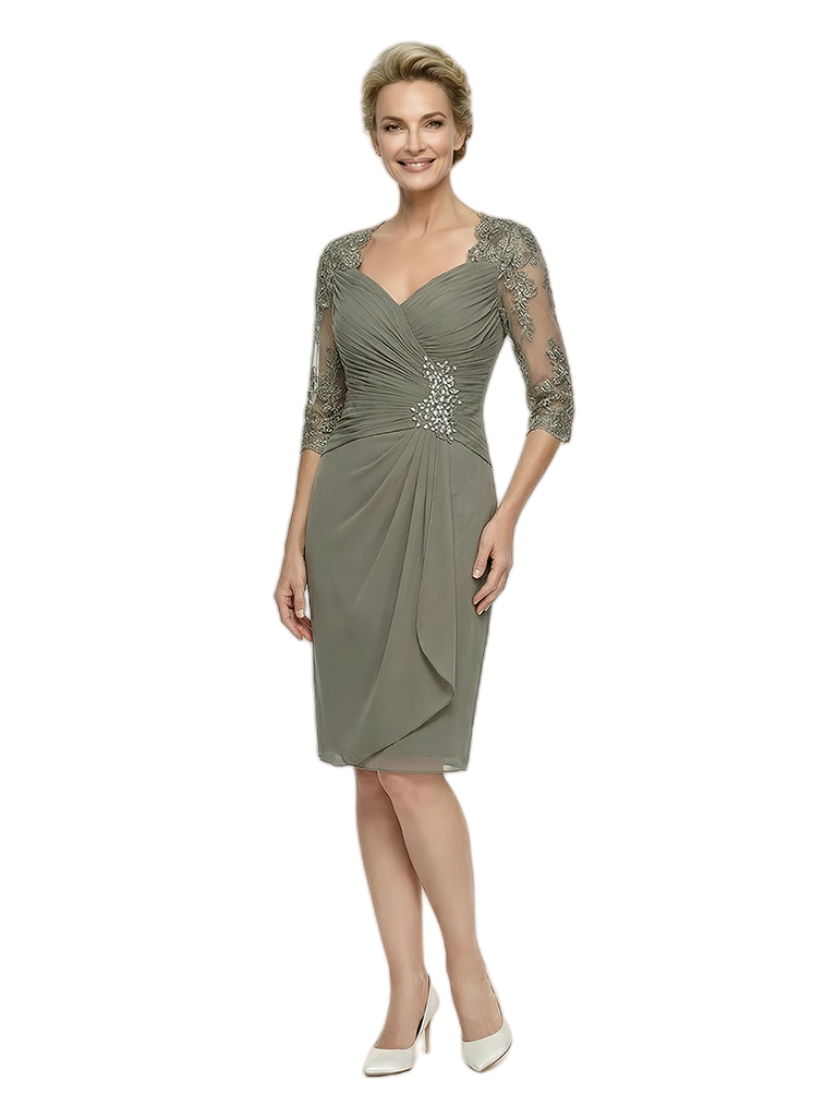 Unique V-Neck Chiffon Ruched Lace Half Sleeves Sheath Knee-Length Mother Of The Bride Dress
