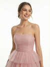 Stunning Strapless Pleated Tulle Tiered Ball Gown Classy Floor-Length Party Dress